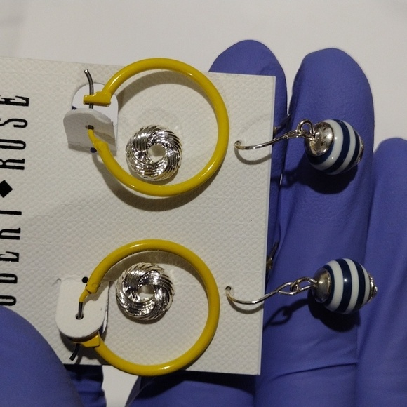 Robert Rose Set of 3 Silver tone Stud, Yellow Hoop, Drop Stripes - Women Jewelry - Picture 6 of 8